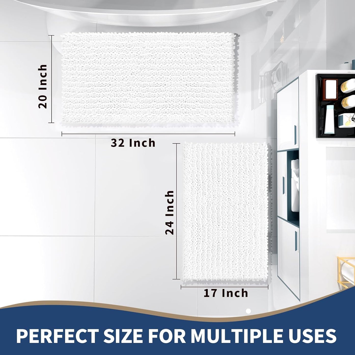 Yimobra Bathroom Rugs Sets 2 Piece - Quick Dry Extra Thick Luxury Chenille Bath Mat, Non Slip Super Absorbent for Tub Shower Sink, Machine Washable Shaggy Floor Mat, 32"x20"+24"x17" Inch, White