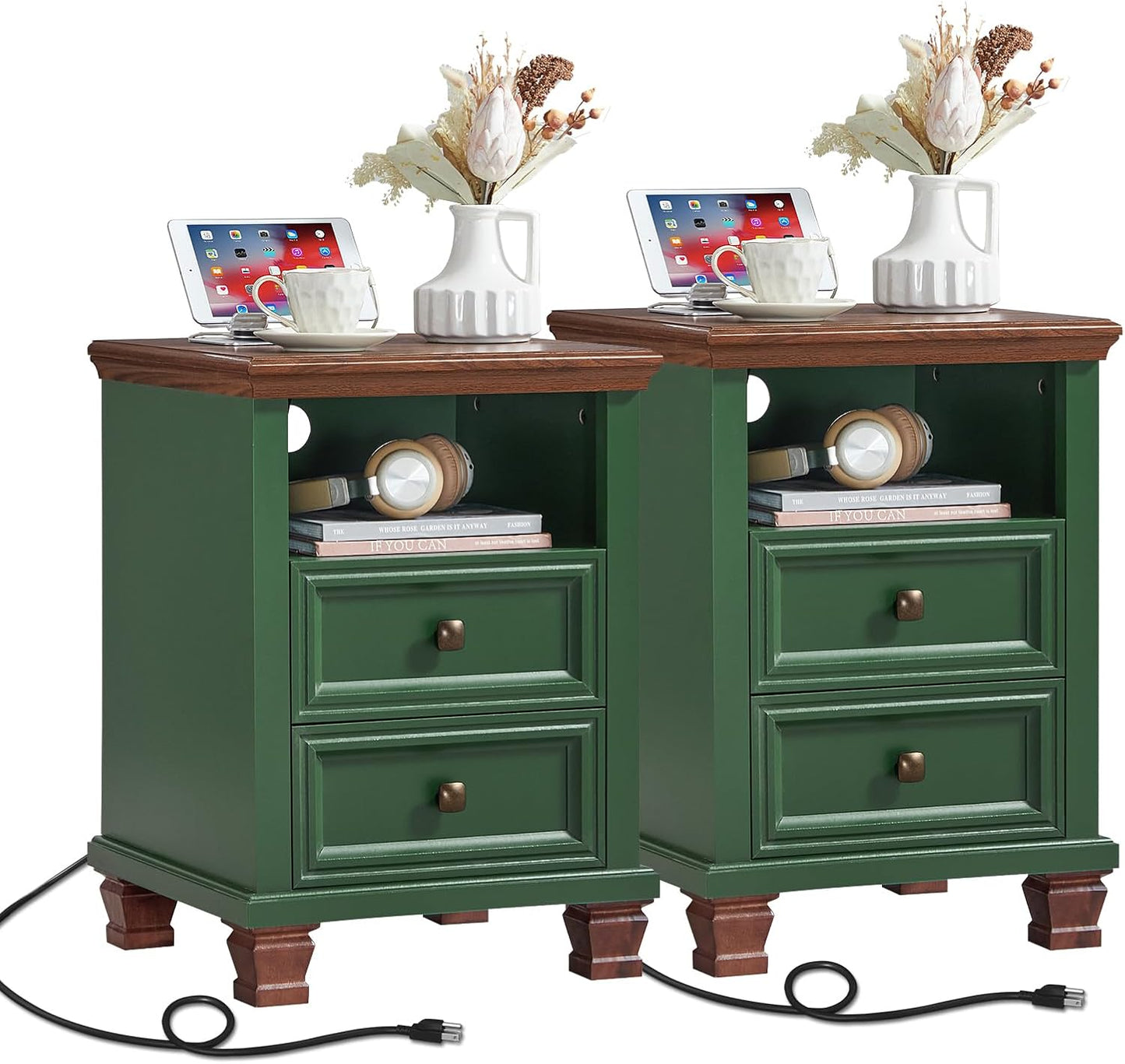 Farmhouse Nightstand Set of 2 with Charging Station, Rustic Green Nightstand,2 Drawers End Table for Living Room,Bedside Table with Open Shelf for Bed Room,Green