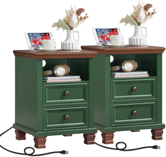 Farmhouse Nightstand Set of 2 with Charging Station, Rustic Green Nightstand,2 Drawers End Table for Living Room,Bedside Table with Open Shelf for Bed Room,Green