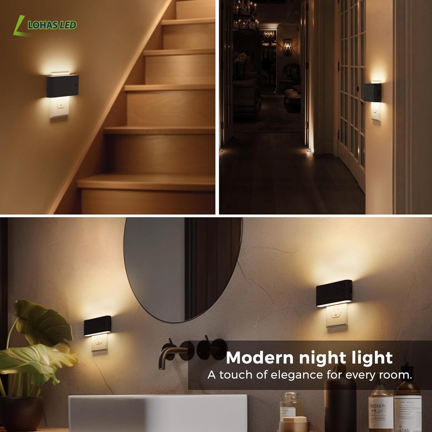 L LOHAS LED Night Light, Dimmable Modern LED Night Lights Plug into Wall,Dusk to Dawn Sensor Night Lights for Kid, 0-100LM 3000K Soft White Nightlight for Hallway Bedroom Stairway