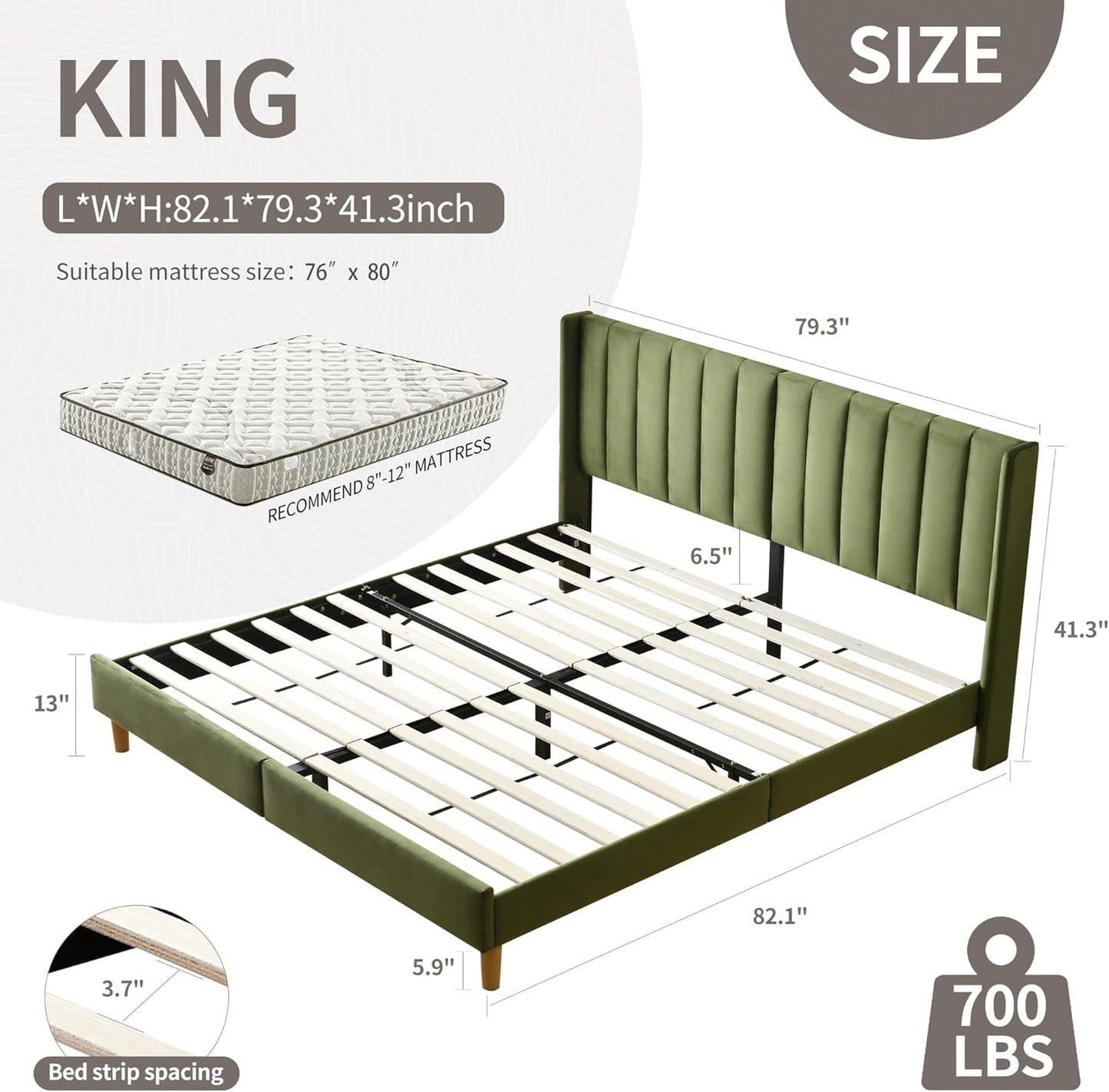 YUHUASHI upholstered Platform Bed Frame/King Bed Frame/Modern Geometric Double-Wing Design headboard/Velvet Fabric/Easy to Assemble no Noise (Grass Green, King (U.S. Standard))