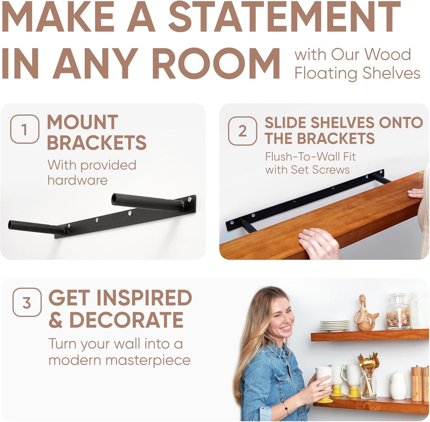 Homeforia Oak Floating Shelves 42 inch Long, High End Solid Real Wood 42inch Floating Shelf for Wall Mounted, Honey Oak Wooden 42in Floating Shelves, Heavy Duty Bracket, 42 X 6.5 X 1.75 in, Set of 2