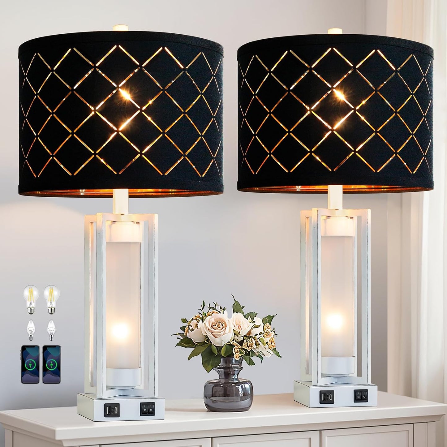 RORIANO 25" Set of 2 Farmhouse Table Lamps with USB C+A Ports, Rustic Retro Nightstand Lamps with White Night Light, Black Grid Shade, Desk Lamps for Bedroom Bedside, 4 Bulbs Included