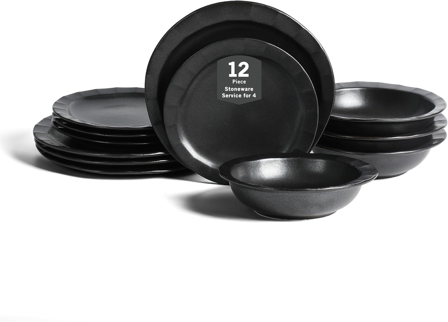 Stone Lain Oasis 12-Piece Dinnerware Set Stoneware, Dishwasher and Microwave Safe Plates and Bowls Set, Dish Set for 4, Black