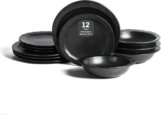 Stone Lain Oasis 12-Piece Dinnerware Set Stoneware, Dishwasher and Microwave Safe Plates and Bowls Set, Dish Set for 4, Black