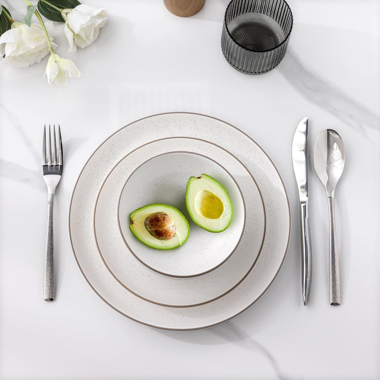 GBHOME Dinnerware Set for 4, GBHOME 12 Pieces Handmade Speckled Glaze Plates and Bowls Sets, Modern Style Scratch Resistant Stoneware Dishes Set, Dishwasher & Microwave Safe