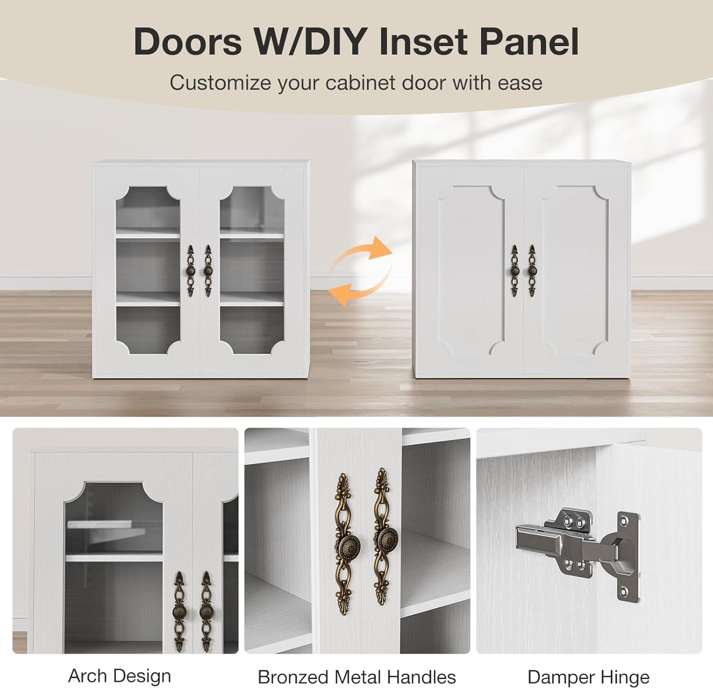 Modular Buffet Storage Cabinet, Glass 4-Door Kitchen Sideboard Buffet Console w/Adjustable Shelves, Wood Modular Organizer for Kitchen Living Room, 63 Inch