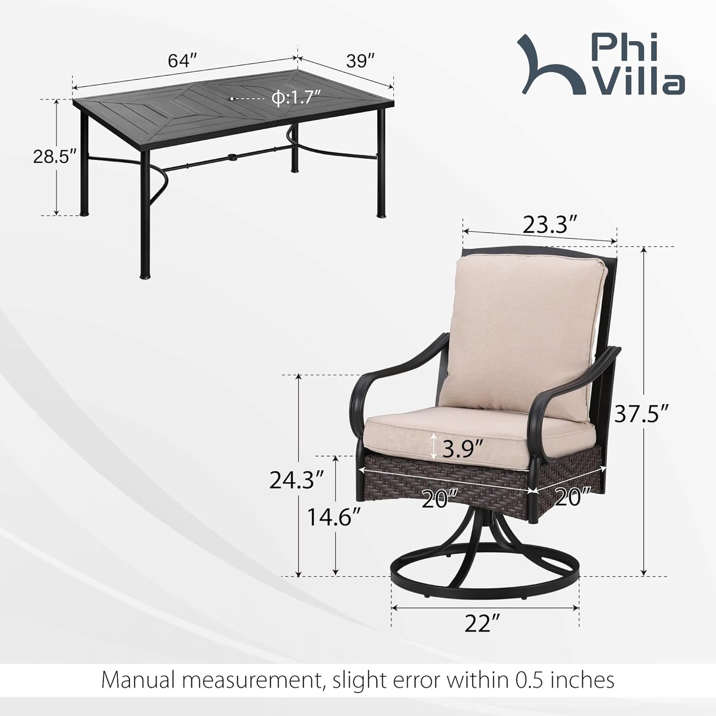 PHI VILLA 7 PCS Outdoor Dining Sets, All-Weather Patio Table and Chairs Set for 6, Heavy Duty Rectangle Patio Table Set for Deck, 6 Extra Large Outdoor Swivel Chairs with Thick Cushions