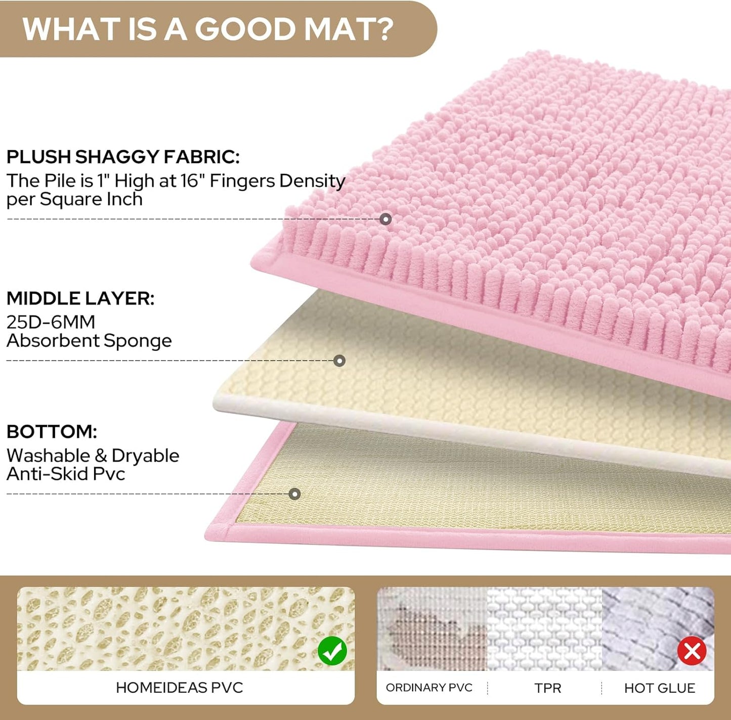 HOMEIDEAS 3 Pieces Bathroom Rugs, Ultra Soft Non Slip Absorbent Chenille Toilet Bath Mat Set (Light Pink,17"x24"+20"x32"+U Shape 20"x24")