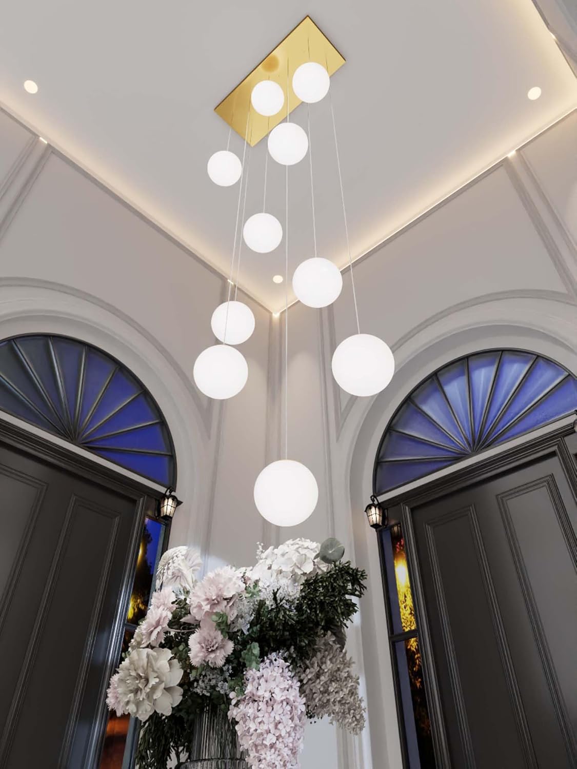 10-Lights Globe Chandelier Gold Pendant Lighting Fixture Hanging Ceiling Light for Dining Room, Kitchen Island,High Ceiling Chandelier Glass Ball Hanging Lighting for Living Room Staircase Entryway