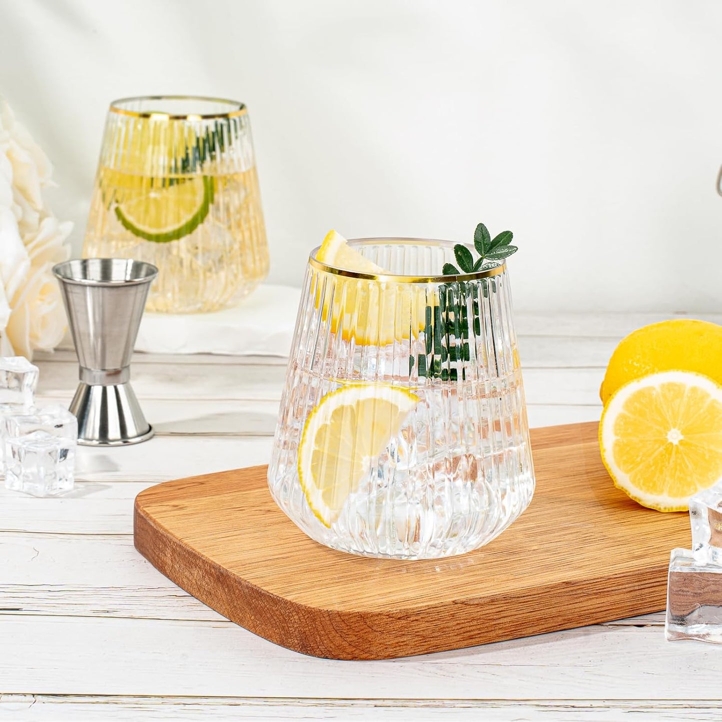 36 Pcs 12 oz Plastic Gold Rim Ribbed Wine Glasses, Reusable Champagne Glasses Elegant Whiskey Glasses Ideal for Weddings, Bars, Christmas, Halloween,Holidays,pool party,Daily Use