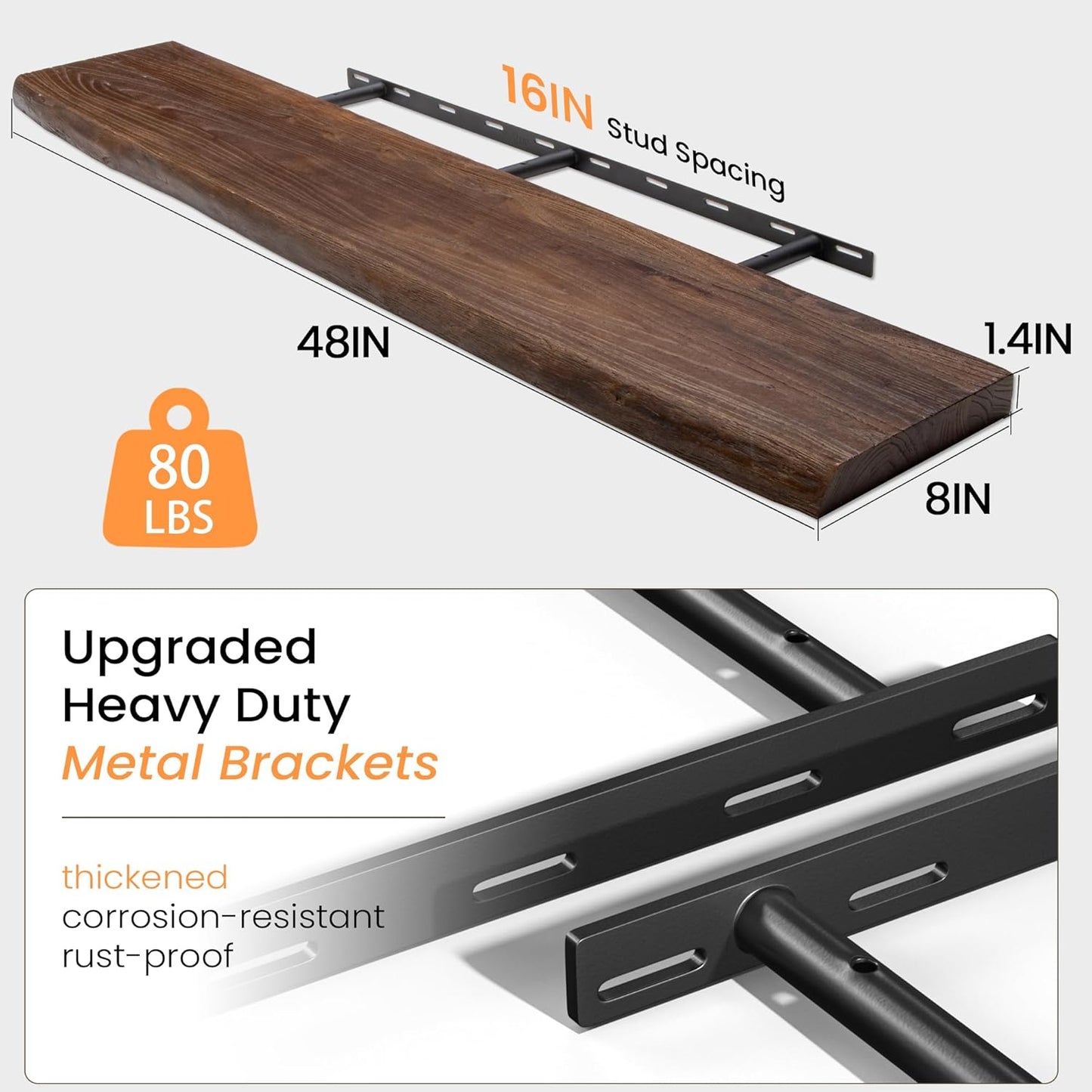 Fun Memories Floating Shelves for Wall Decor, Rustic Solid Elm Wood Live Edge Floating Shelves Wall Mounted, Heavy-Duty Shelf with Invisible Bracket for Living Room Kitchen, 48 Inch Set of 1, Walnut