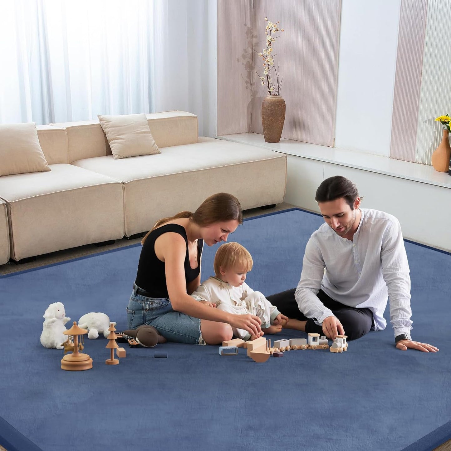 Baby Play Mat for Floor Tummy Time Mat Nursery Muscle Area Rug Playroom Rug Tatami 47"*47" Memory Foam 1.3" Thick Crawling For Babies,Toddlers, Infants, Kids,Floor(Blue)