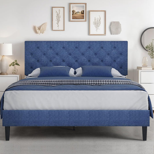HOMBCK Queen Bed Frame with Button Tufted Headboard, Blue Upholstered Platform Bed Frame Bed, Soft Fabric/Wood Slats Support/No Box Spring Needed, Easy Assembly, Blue