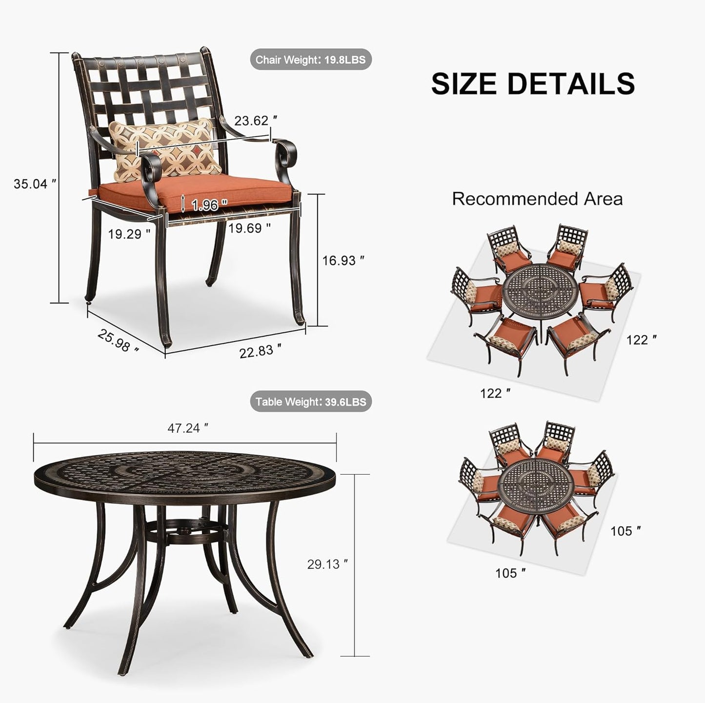 PURPLE LEAF 7 Pieces Outdoor Dining Set Cast Aluminum with 6 Armchairs and 47" Round Table, Cushion and Pillow Included, for Lawn Yard Garden Patio Dining Sets, Brick Red