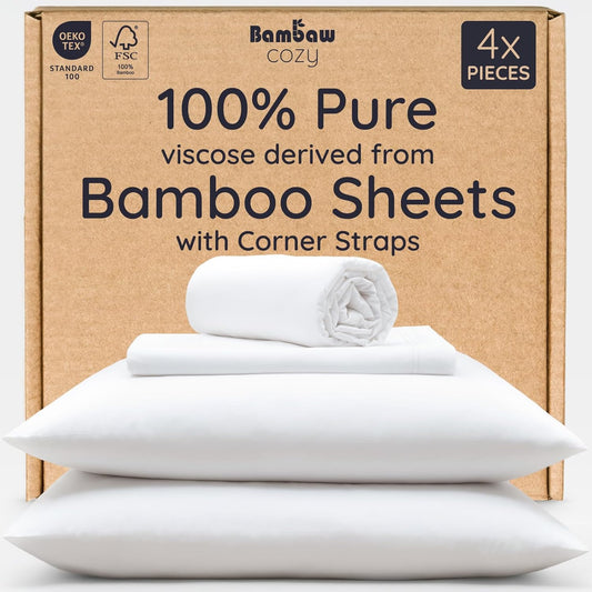 Bambaw 100% Viscose Derived from Bamboo Sheets Full Size Set – 4pcs Cooling Sheets for Hot Sleepers, Super Soft Full Size Sheets, with Elastic Corner Straps, Hotel Luxury Bed Sheets Set (White)