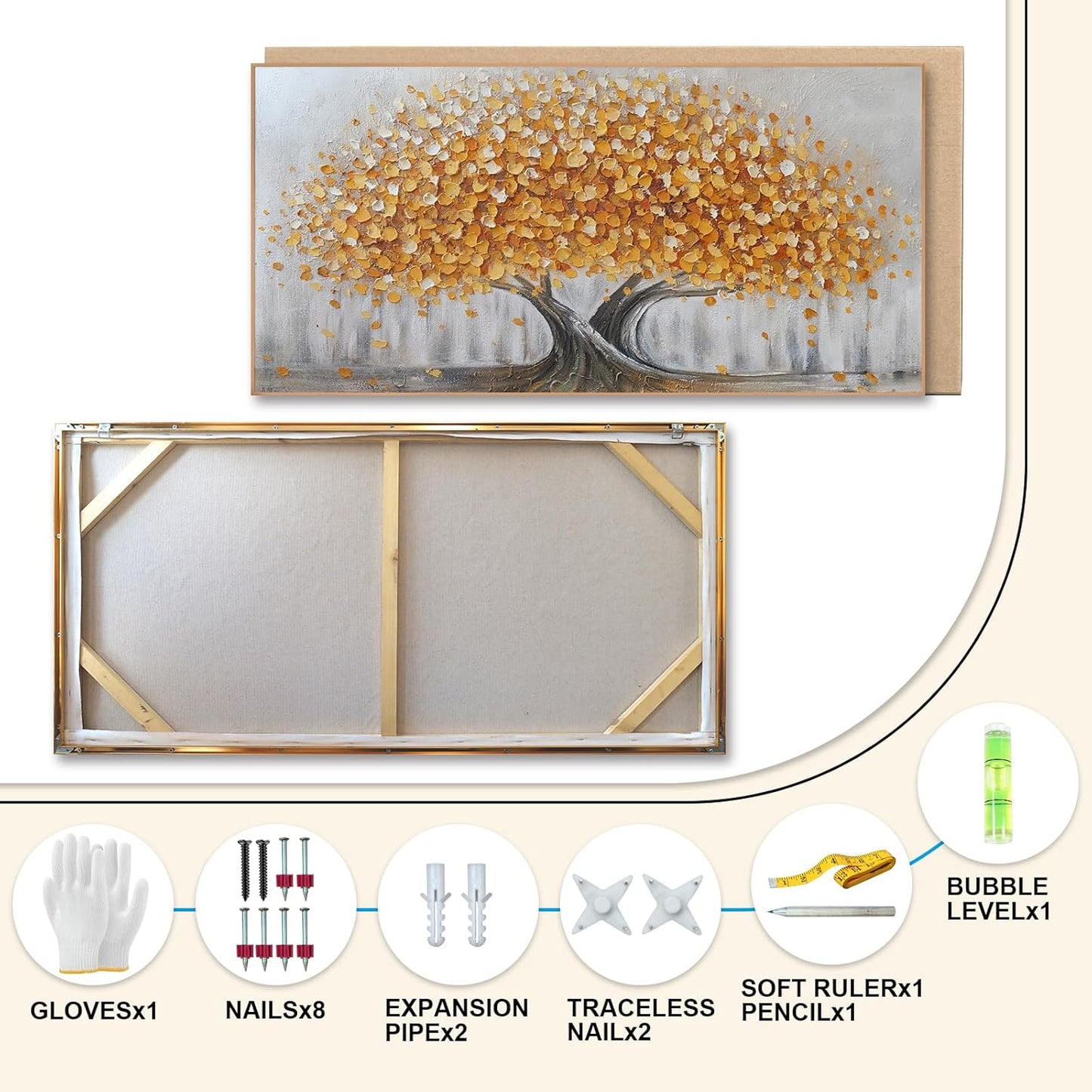 Gold Tree of Life Canvas Wall Art, Modern Abstract Textured Painting, Large Framed Panoramic Landscape Artwork for Living Room, Bedroom, Office, Home Decor 40"x20"