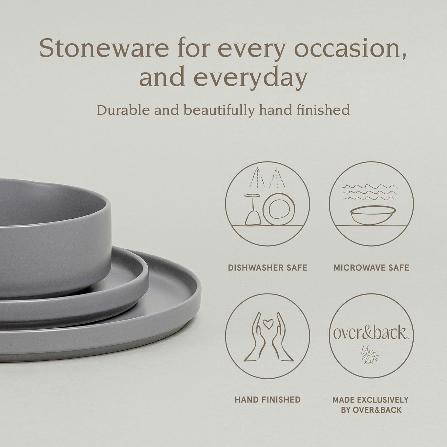 over&back 12-Piece Stackable Dinnerware Dish Set - Stoneware Dishes - Includes 4 Dinner Plates, 4 Salad Plates, 4 Cereal Bowls, and 4 Dinner Bowls - All-Occasion Place Settings - Semi-Matte Charcoal