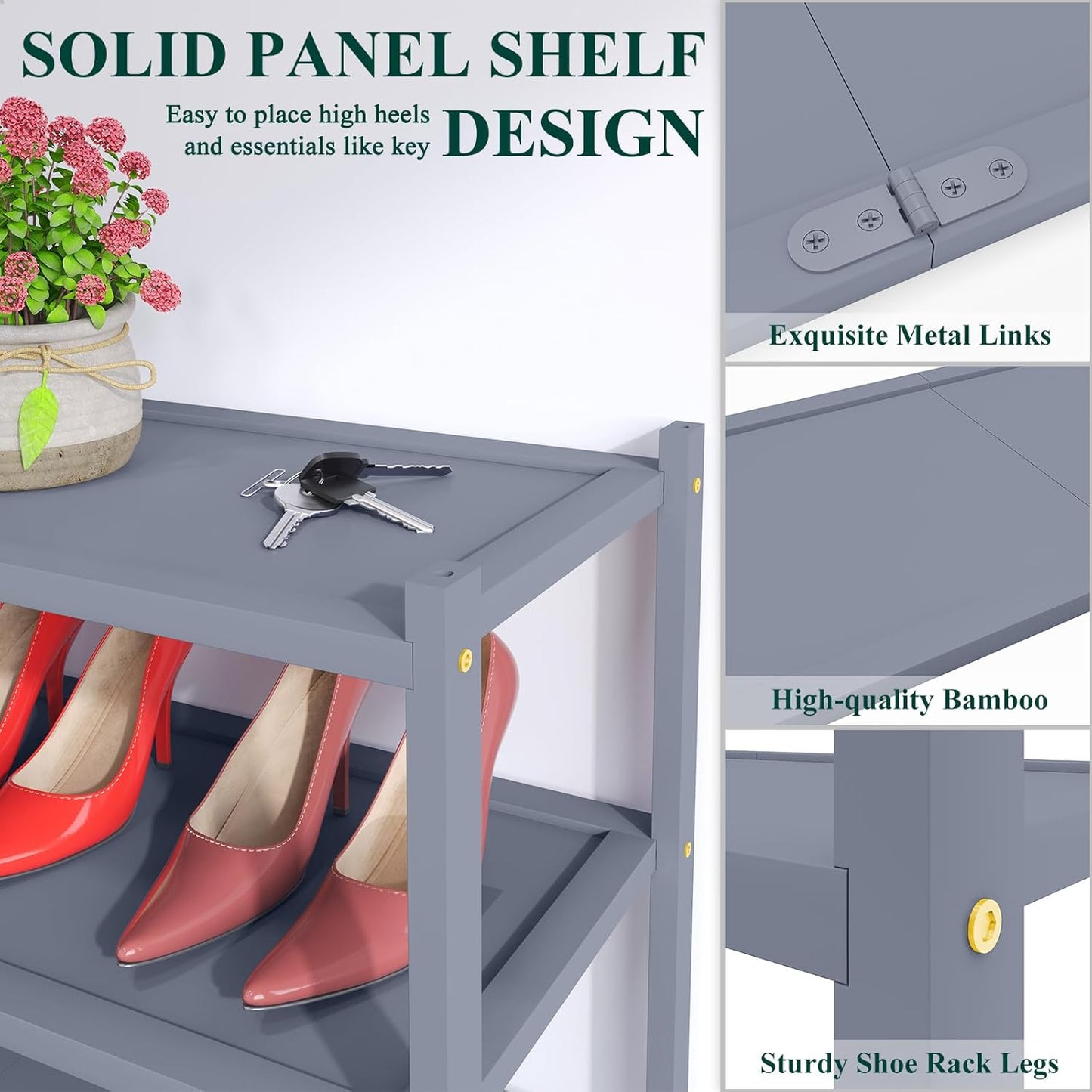 Smiry Bamboo Shoe Rack, 2 Tier Shoe Organizer for Entryway & Closet, Stackable Free Standing Storage Shelf for Shoes, Bags & Plants, Grey