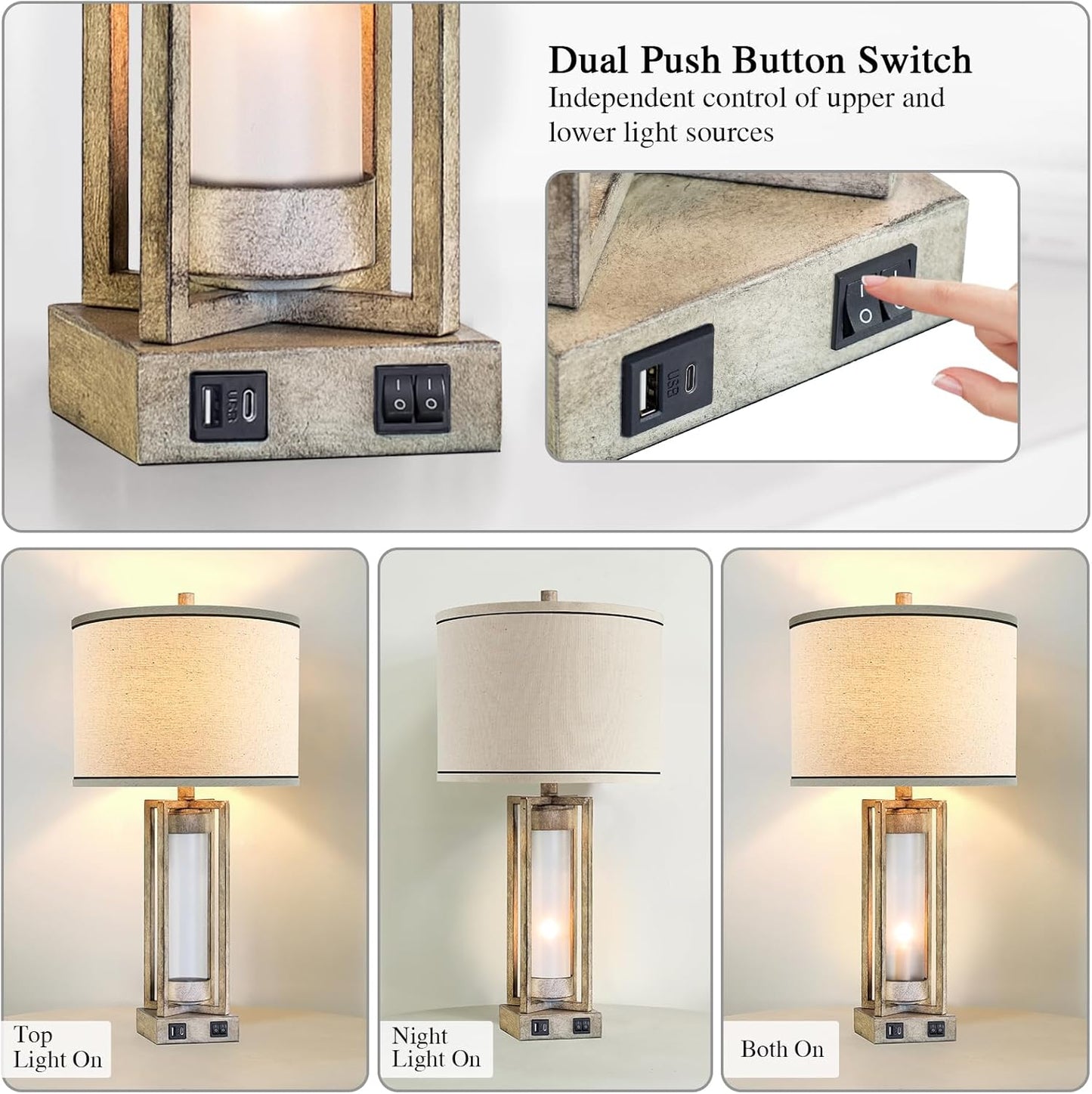 RORIANO 25" Set of 2 Farmhouse Table Lamps for Living Room with USB A+C Ports, Rustic Nightstand Lamp with White Night Light, Vintage Desk Lamp for Entryway Bedroom End Table, 4 Bulbs Included