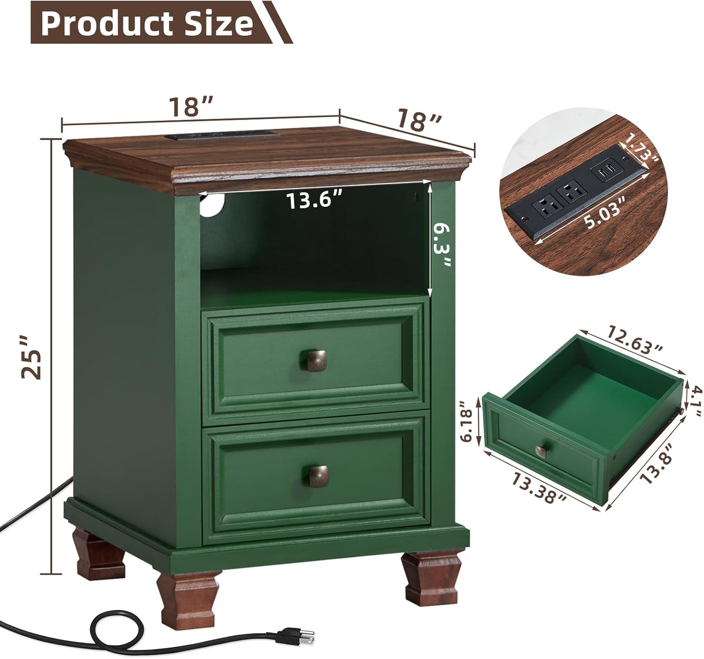 Farmhouse Nightstand with Charging Station, Rustic Green Nightstand,2 Drawers End Table for Living Room,Bedside Table with Open Shelf for Bed Room,Green