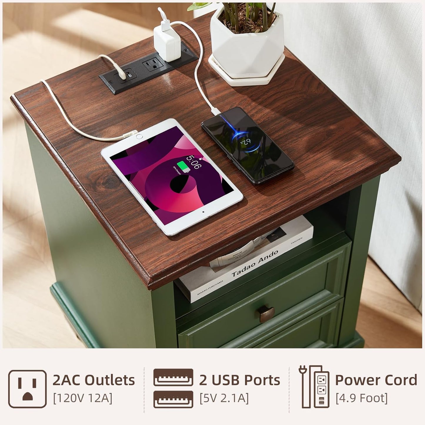 Farmhouse Nightstand with Charging Station, Rustic Green Nightstand,2 Drawers End Table for Living Room,Bedside Table with Open Shelf for Bed Room,Green