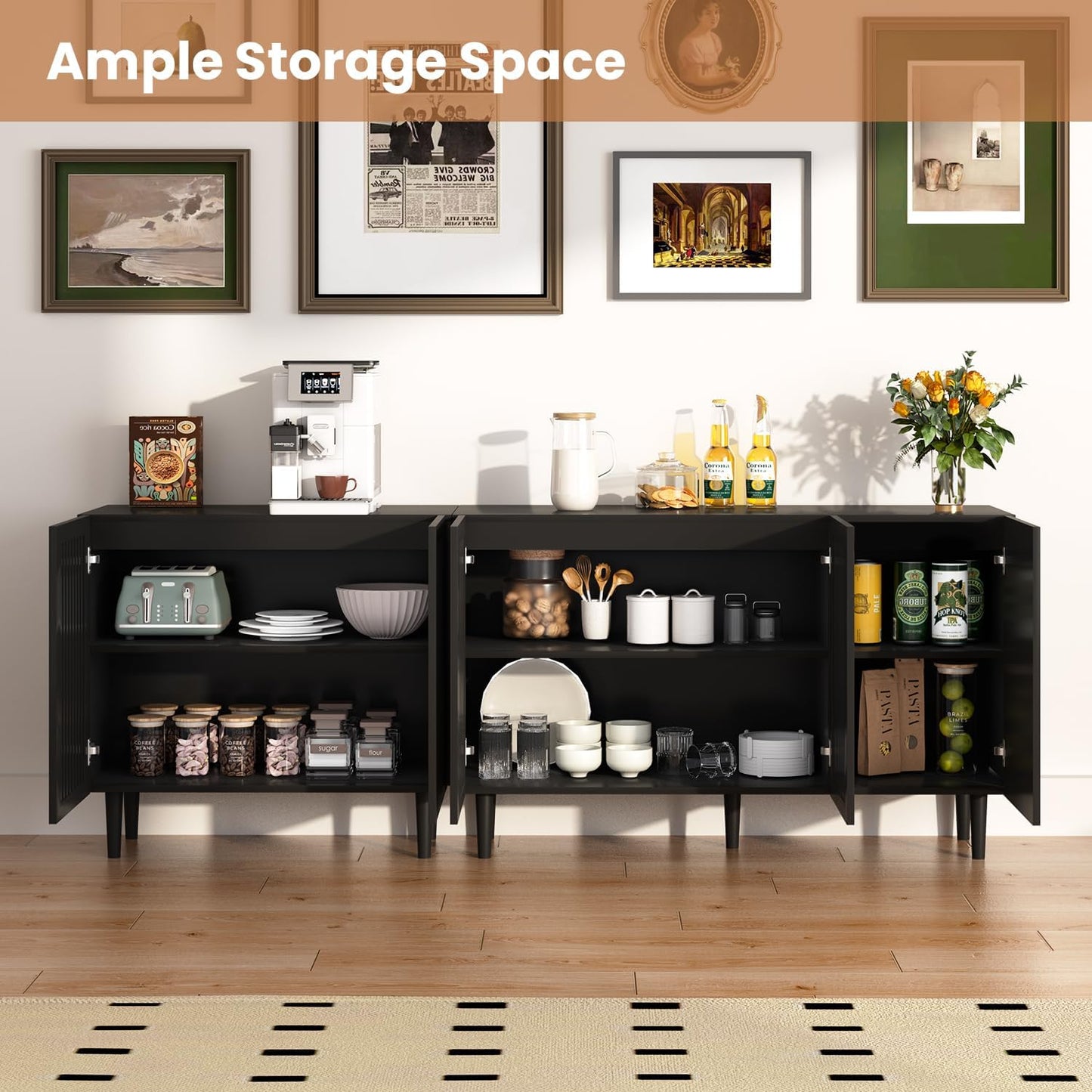 CHUWELL Modern TV Stand, 78.7" Storage Cabinet with 5 DIY Doors and Adjustable Shelf, Sideboard Coffee Bar Cabinet with Solid Wood Feet for Kitchen,Dining Room,Living Room,Black