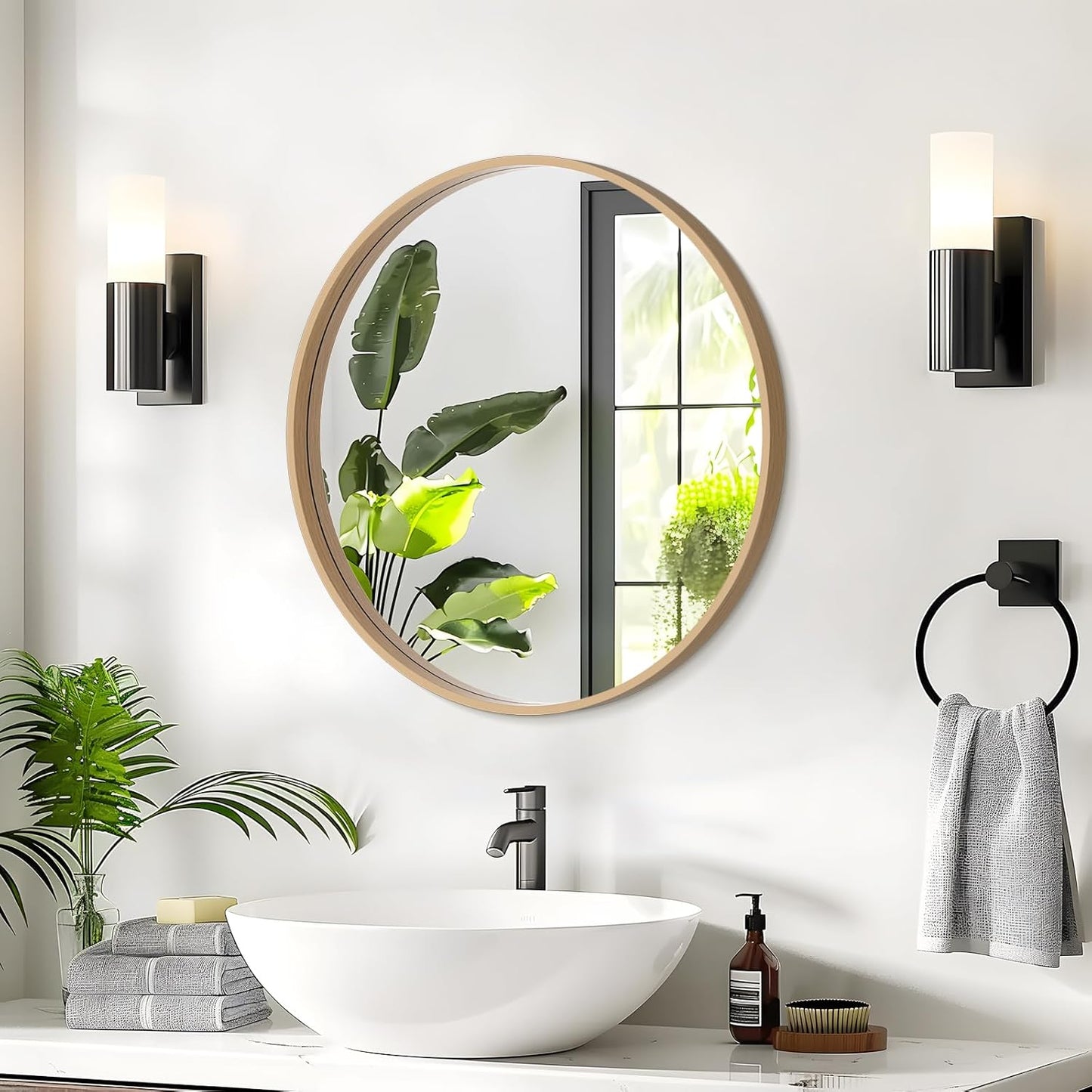 WallBeyond Round Wood Mirror 24 inch Circle Wall Mirror for Bathroom Round Wall Mirror for Wall Decor, Vanity, Entryway Living Room (Natural)