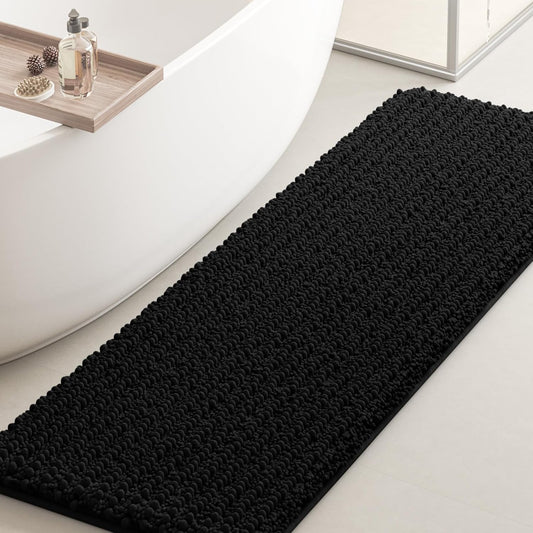 ACCUMTEK Upgrade Luxury Black Bathroom Rug Mat 47.5"x17", Ultra Soft Thick Absorbent Bath Mats, Non Slip Chenille Toilet Mat for Bathroom, Bedroom, Kitchen, Shower, Tub