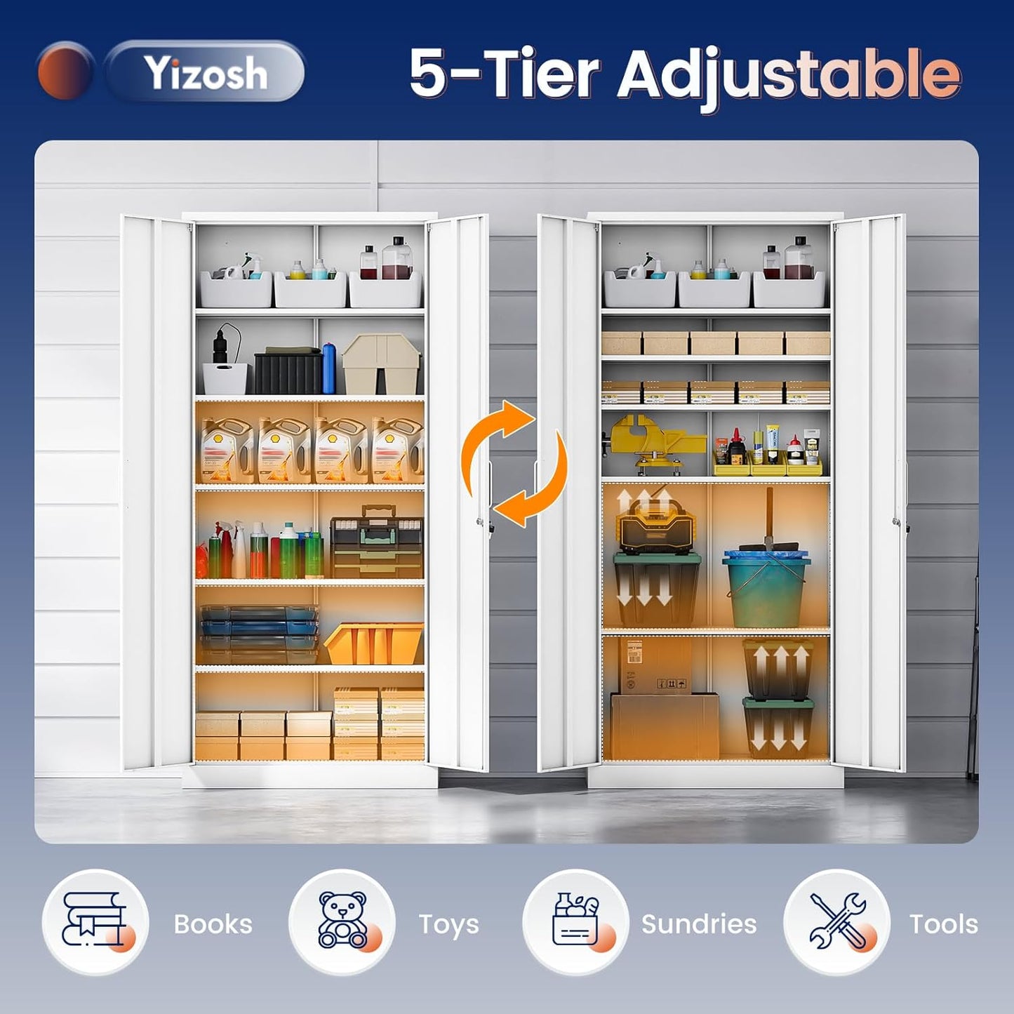 Yizosh Metal Storage Cabinet with Locking Doors and 5 Adjustable Shelves,- 72" Garage Storage White Steel Lockable File Cabinet for Office,Home,Garage