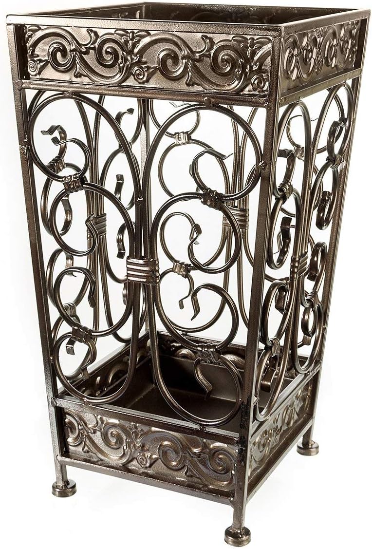 Super Quality Umbrella Stand, Umbrella Holder, Antique Look Metal, Entry Hallway Décor, Square Style, w/Removable Drip Tray. (Antique Bronze)
