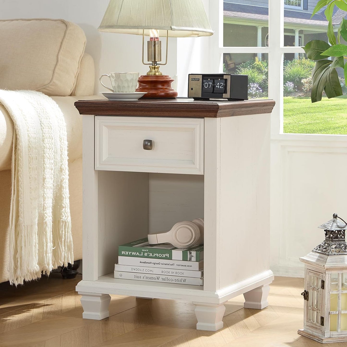 Farmhouse End Tables Living Room with Drawer, Rustic Wood Nightstand with Charging Station, Bedside Table with Open Shelf for Bed Room, Living Room, White