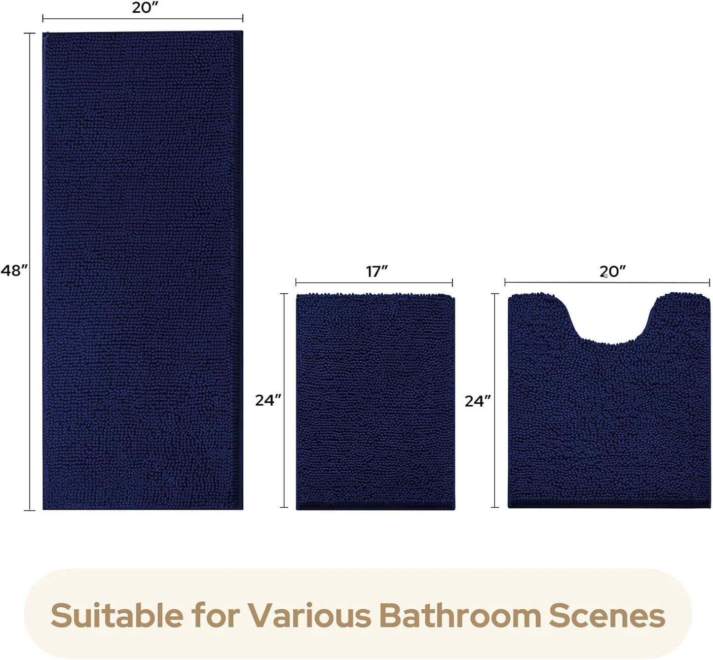HOMEIDEAS 3 Pieces Bathroom Rugs, Ultra Soft Non Slip Absorbent Chenille Toilet Bath Mat Set (Blue-Navy Blue, 17"x24"+20"x48"+U Shape 20"x24")