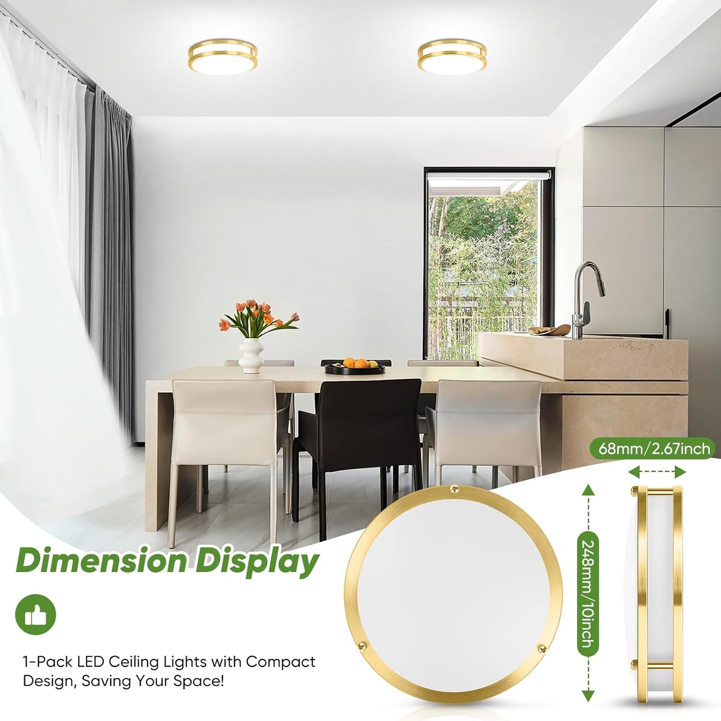 10 Inch LED Flush Mount Ceiling Light, Gold Kitchen Lighting Fixture with 2700K/3000K/4000K/5000K/6500K 5 Color Adjusted, Dimmable Modern Round LED Light for Bedroom Living Room Laundry, 1-Pack