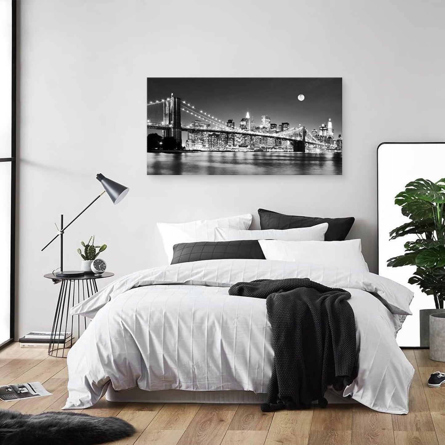 Baisuart-Q30398 Brooklyn Bridge Night View 1 Panels Landscape Artwork Canvas Prints Moon Night New York City Scene Picture Paintings Black and white Wall Art for Oiffce Home Decorations Wall Decor