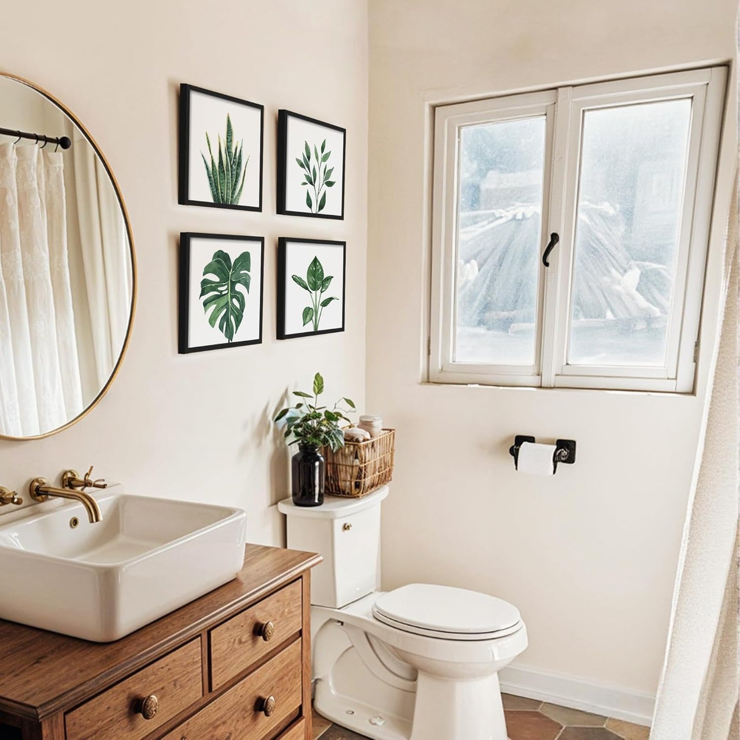 ArtbyHannah Framed Bathroom Wall Decor, Botanical Wall Art with Sage Green Plant Print for Bedroom Decoration, Minimalist Restroom Decor(Black, 8x8 Inch)