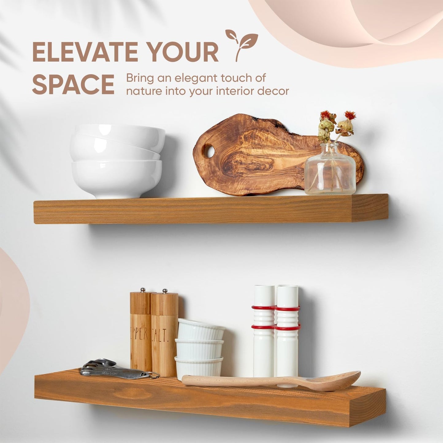 Homeforia 24 inch Golden Oak Floating Shelf, High End Solid Real Wood 24inch Small Floating Shelves for Wall Mounted, Oak Wooden 24in Floating Shelves, Heavy Duty Bracket, 24 X 6.5 X 1.75 in, Set of 2