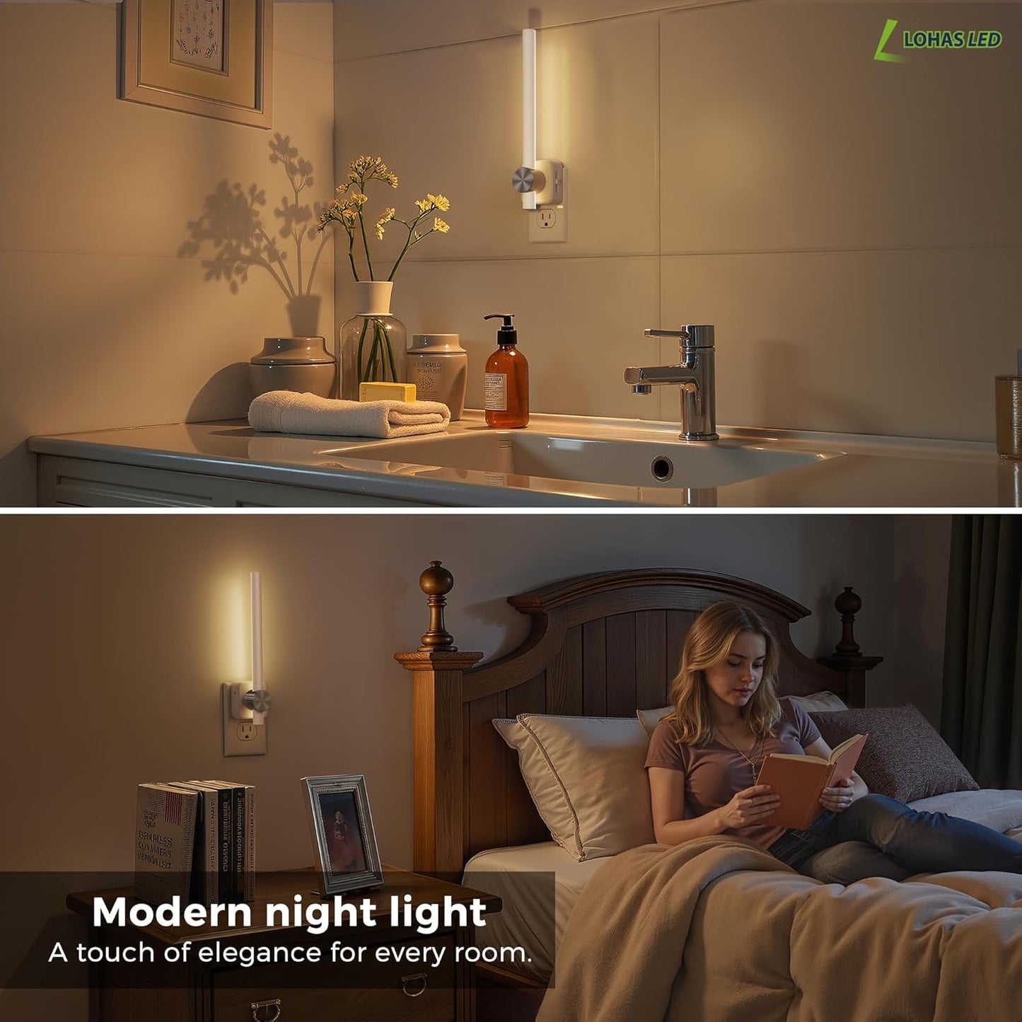 L LOHAS LED Night Light, Night Lights Plug into Wall, 0-200LM Bathroom Night Light, Dusk to Dawn Sensor 2W Dimmable Nightlights, Soft White 3000K, Modern Nightlight for Adults Mirror Restroom, 1 Pack