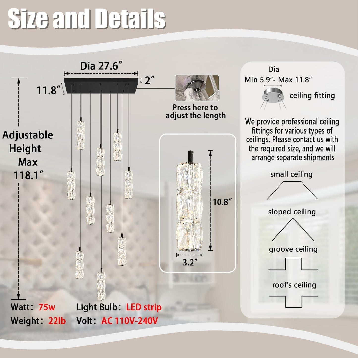 10-Light Modern LED Pendant Lighting Fixture for Kitchen Island Raindrop Crystal Chandelier Black Chandelier for Dining Room High Ceiling Chandelier for Staircase Foyer Hallway Villa