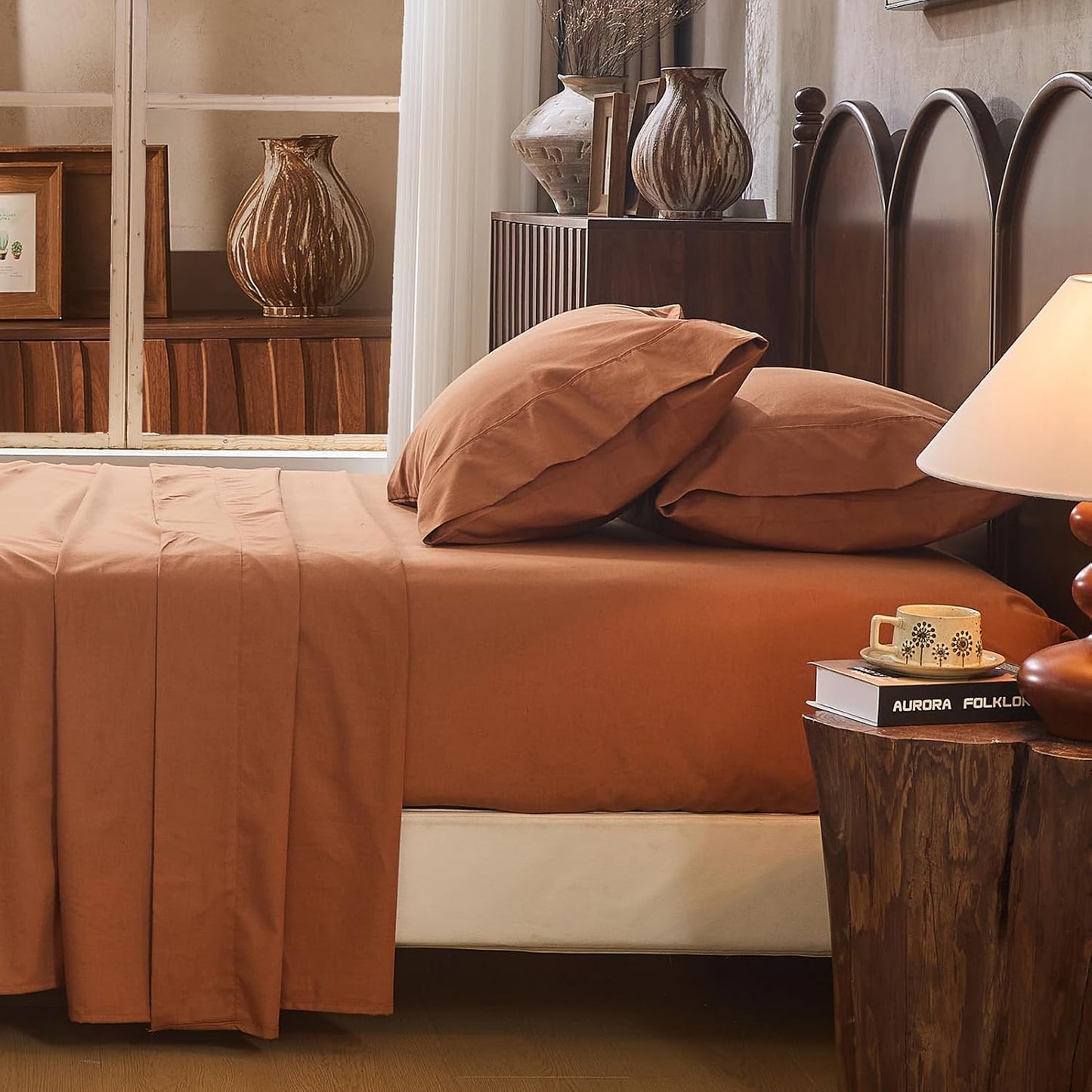 100% Linen Sheet Set Cal King Size Extra Deep Pocket Fits 18-24 Inch Mattress, Breathable & Soft, Smooth 4-Piece Set for Thick Mattresses Hotel Luxury Bedding（Cal King, Brown）