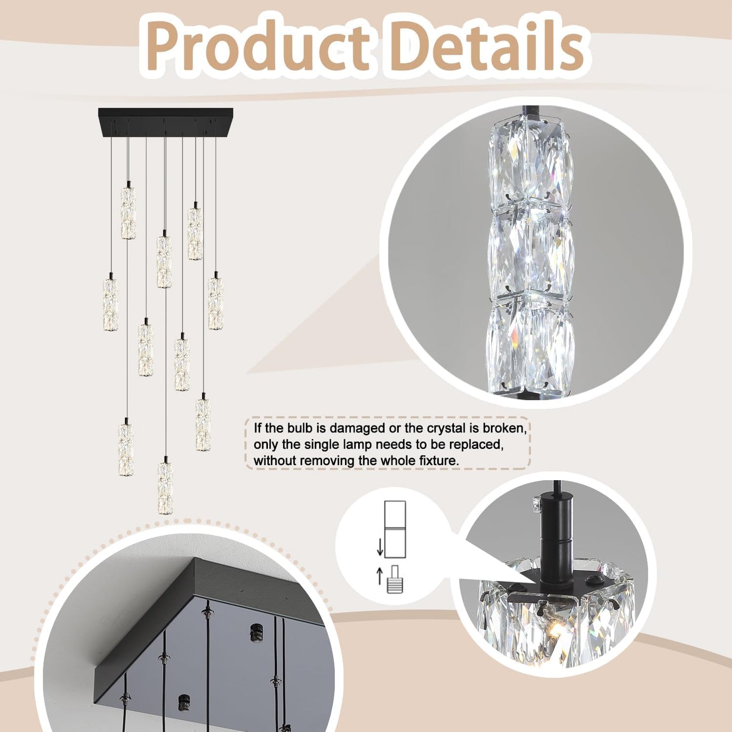 10-Light Modern LED Pendant Lighting Fixture for Kitchen Island Raindrop Crystal Chandelier Black Chandelier for Dining Room High Ceiling Chandelier for Staircase Foyer Hallway Villa