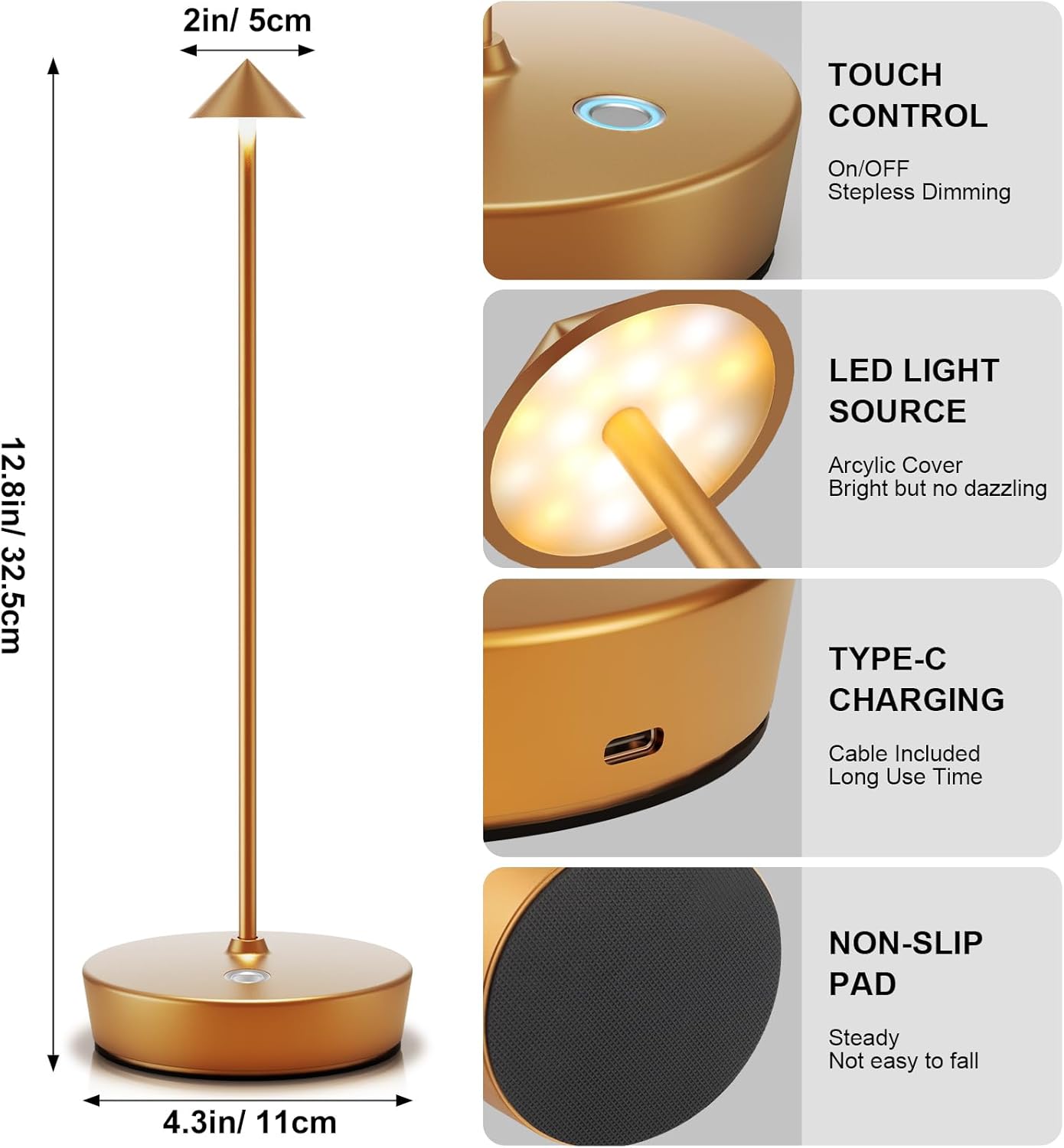 Rechargeable Cordless Table Lamp, Portable Powered LED Battery 6000mAh Metal USB Desk Lamp, 3 Levels Brightness Light for Restaurants Outdoor (Gold)