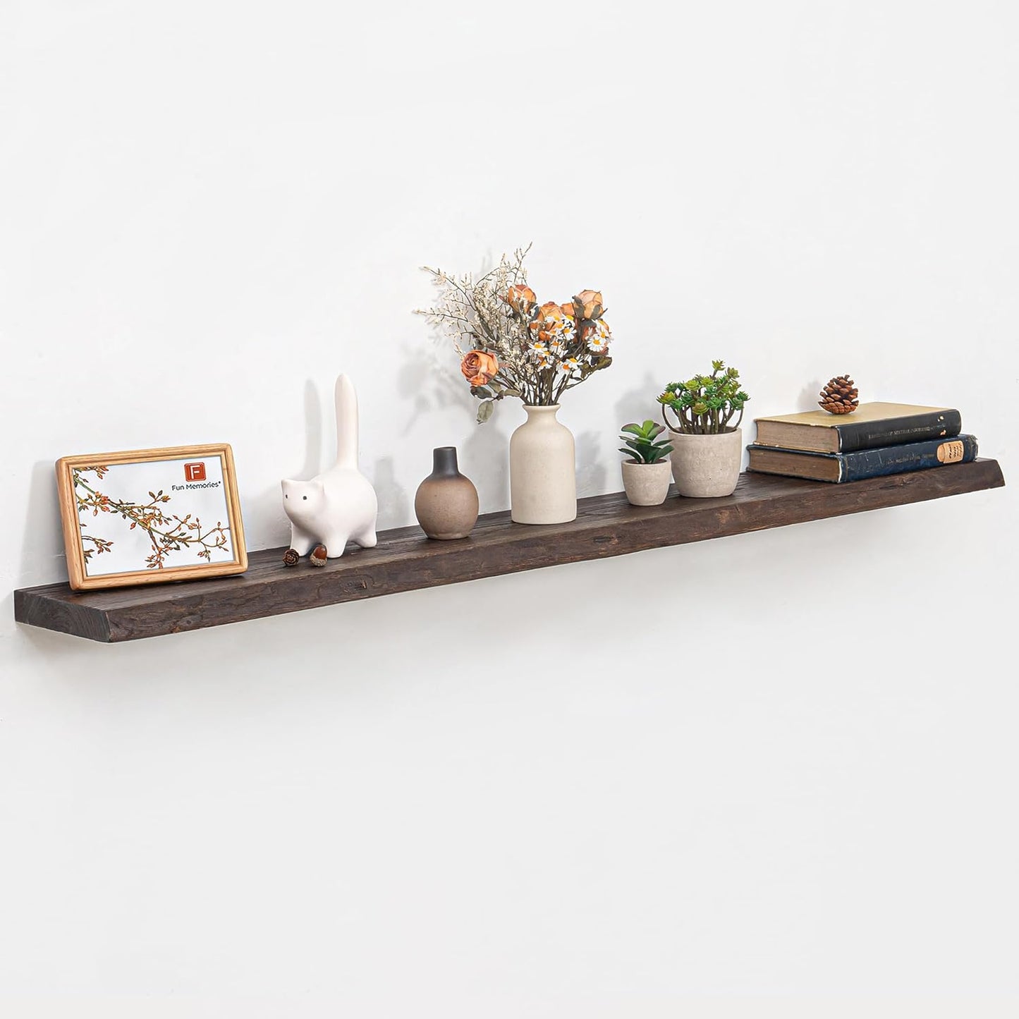 Fun Memories Floating Shelves for Wall Decor, Rustic Solid Elm Wood Live Edge Floating Shelves Wall Mounted, Heavy-Duty Shelf with Invisible Bracket for Living Room Kitchen, 55 Inch Set of 1, Walnut