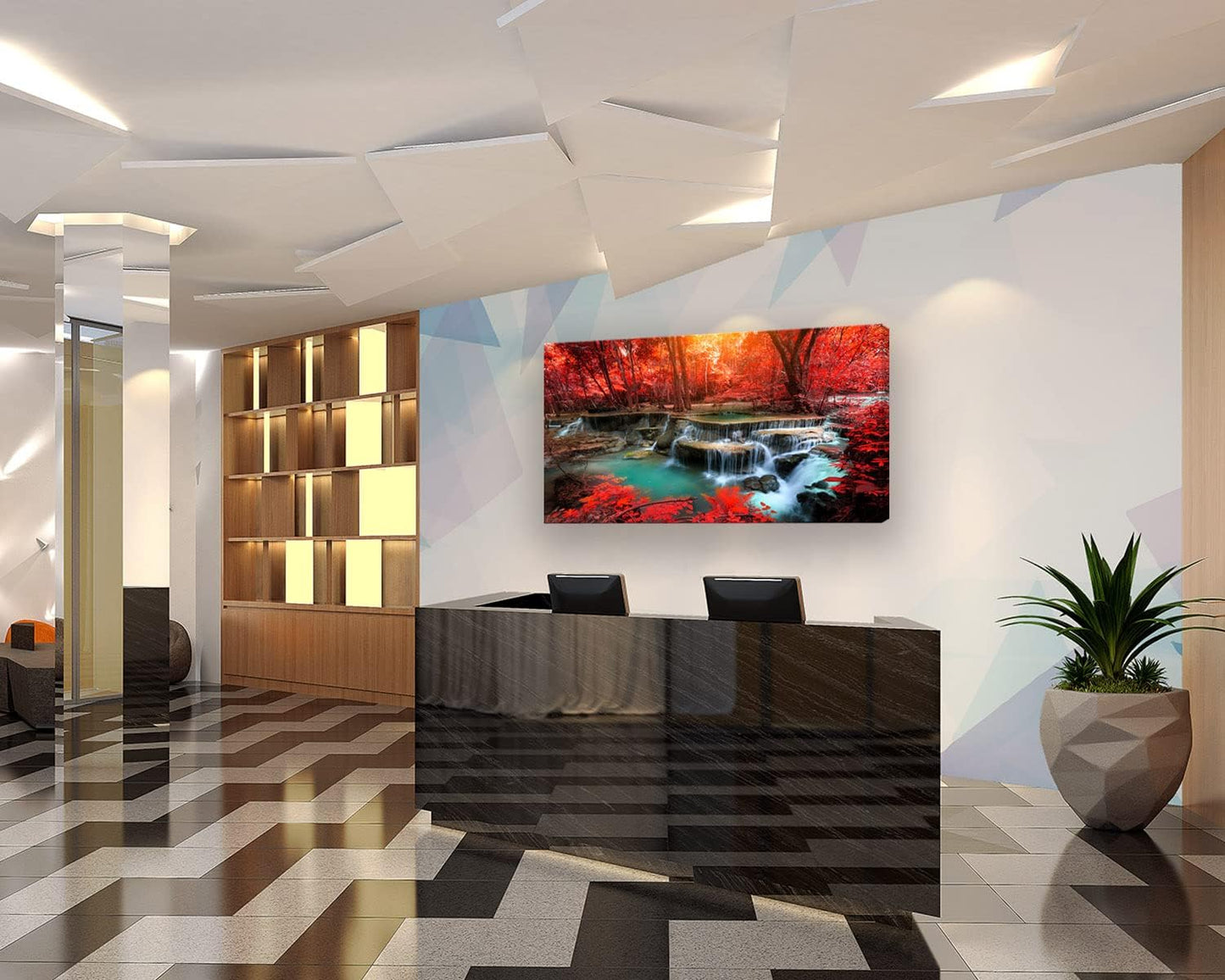 Muolunna BK03962 Wall Art Decor Canvas Print Picture Red Forest Waterfalls 1 Piece Modern Landscape Tree for Living Room Bedroom Kitchen Office Home Decorations Stretched and Framed Ready to Hang