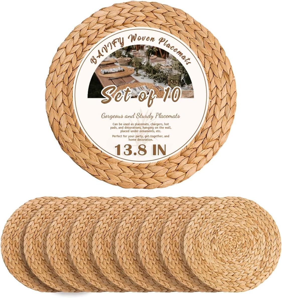 13.8 in Plate Chargers Round Woven Placemats Set of 10, Boho Farmhouse Rustic Place Mats for Dining Table Decor, Rattan Wicker Table Mats Jute Braided Chargers for Dinner Plates