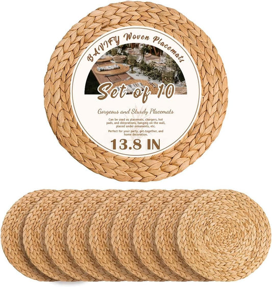 13.8 in Plate Chargers Round Woven Placemats Set of 10, Boho Farmhouse Rustic Place Mats for Dining Table Decor, Rattan Wicker Table Mats Jute Braided Chargers for Dinner Plates