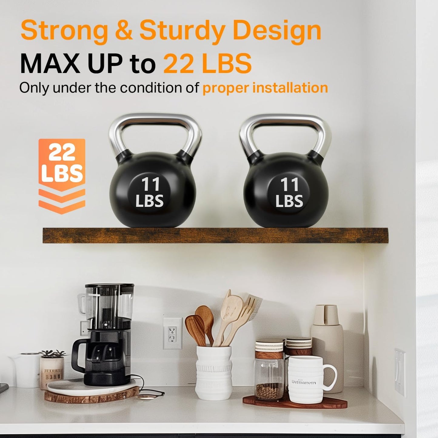 BAYKA Floating Shelves, 22.5" Rustic Wood Wall Mounted Shelves for Bathroom, Bedroom, Living Room&Kitchen, Hanging Display Shelf with 22 lbs Capacity, Fall Home Decor Shelves (Rustic Brown, Set of 2)