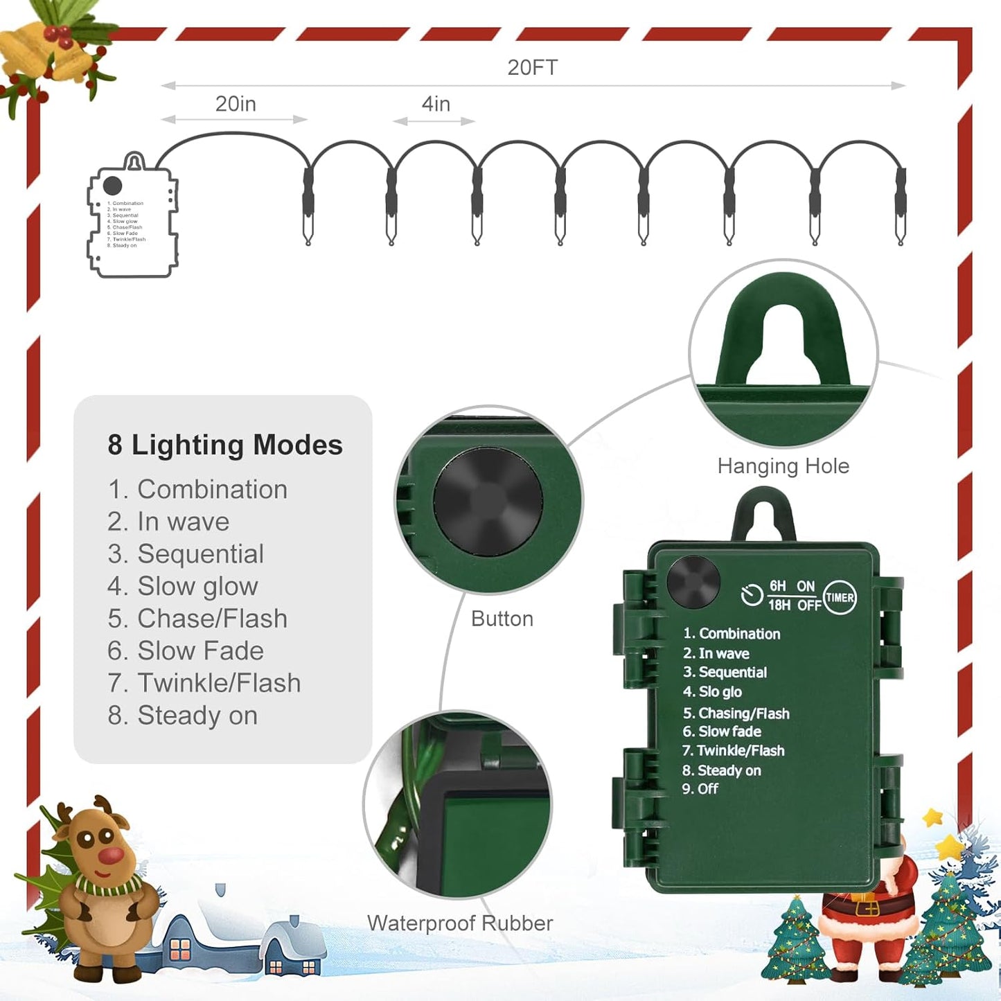 Battery Operated Christmas Lights, 2 Pack 18 FT 50 LED Each Clear Mini String Lights, 8 Modes with Timer Waterproof Tree Lights for Xmas Indoor Outdoor Holiday Home Decor, Warm White