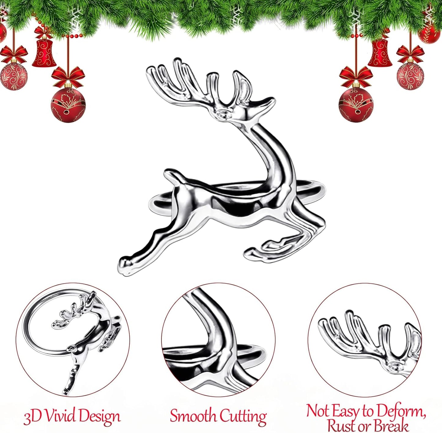 Legigo Set of 8 Christmas Deer Napkin Rings Set- Sliver Deer Xmas Napkin Ring Holders for Cloth Napkins, Christmas Holiday Party Dinner Table Decoration