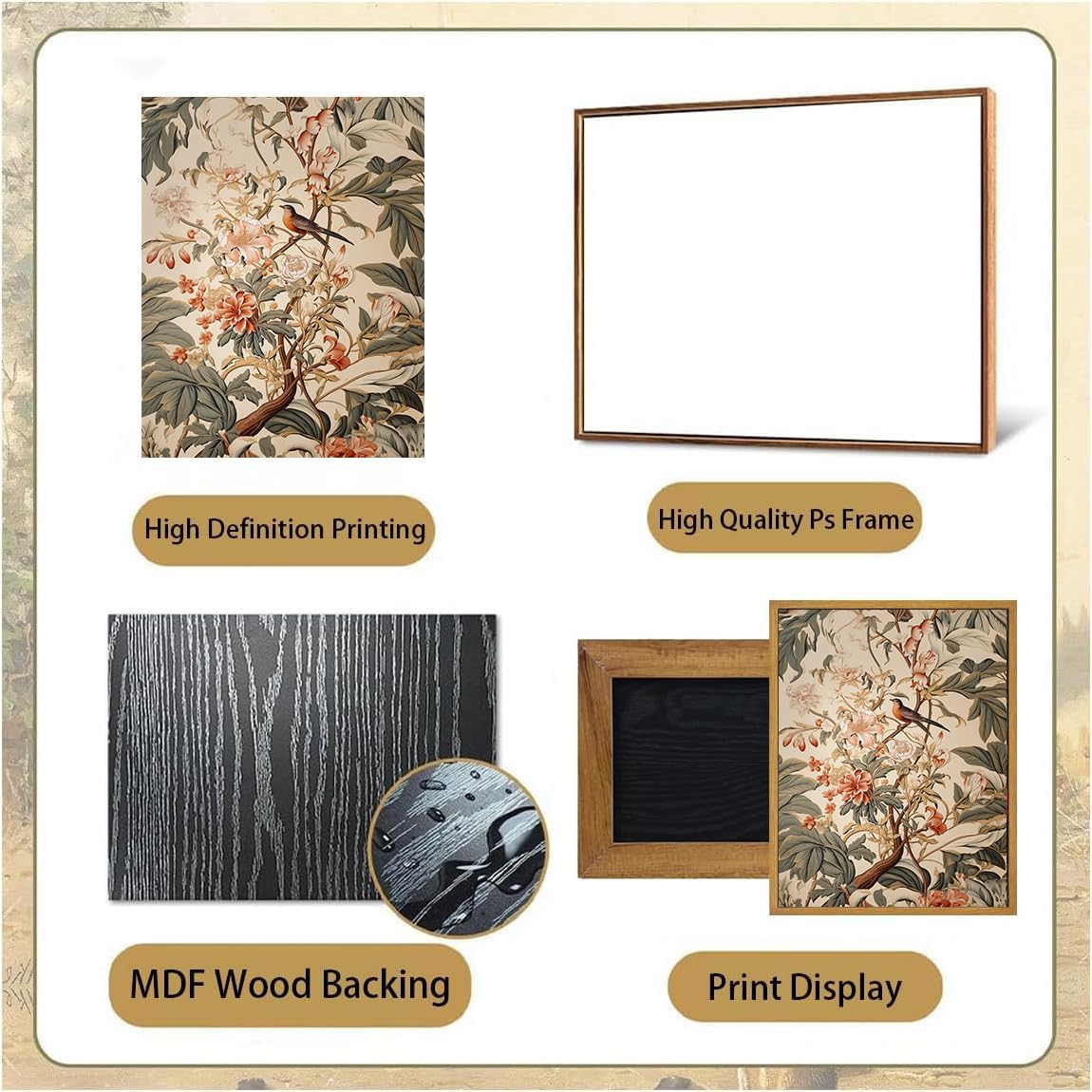 Djmwtb Framed Vintage Wall Art, Botanical Flower Wall Art,Birds Pictures Wall Decor,Nature Paintings Canvas Artwork Prints for Bedroom, Living Room 16x24in